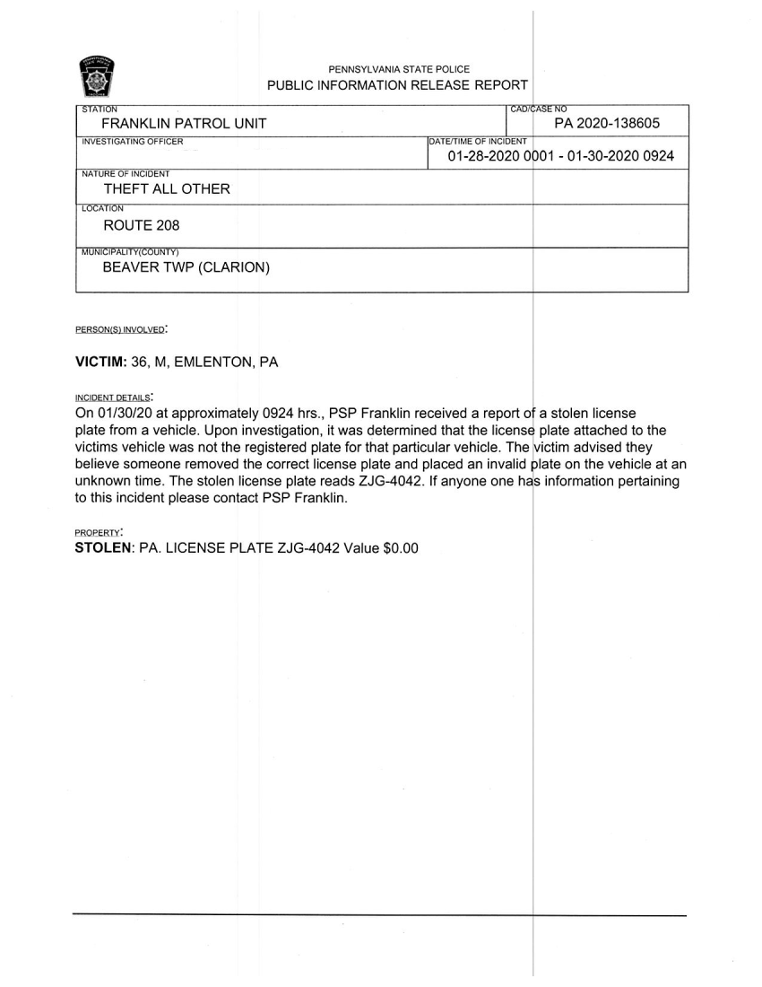 Stolen license plate Venango