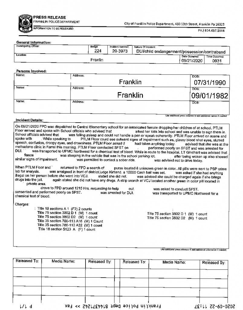 Child endangerment, drug possession Venango