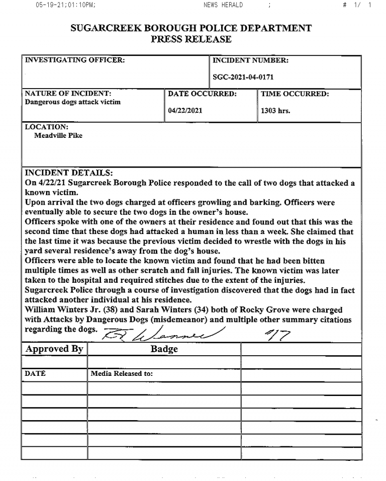 Dog attack reported Venango